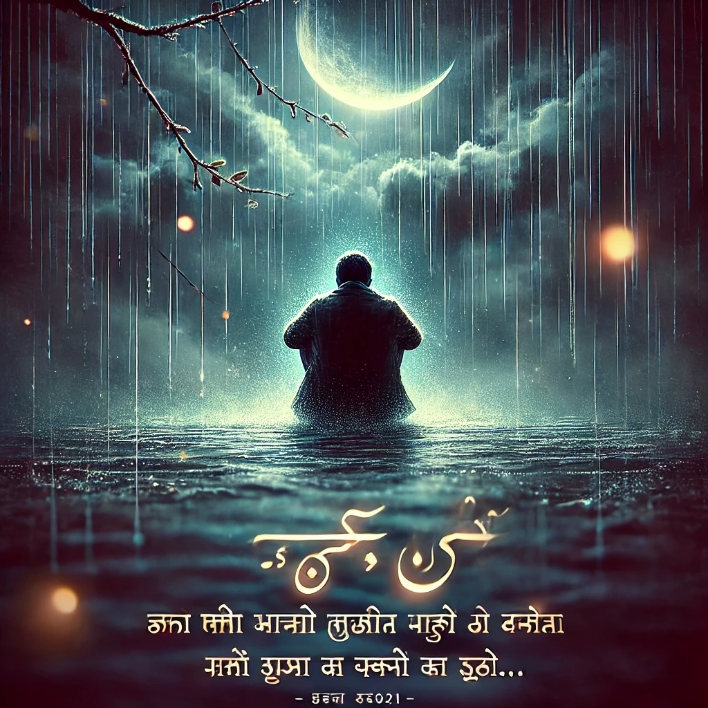 Shayri In Hindi man sitting on the floor thinking this line in dark moon night 